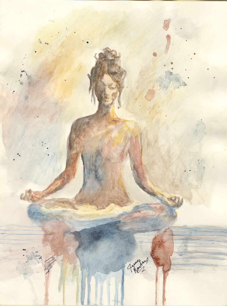 A person sitting in a lotus position with eyes closed meditating.