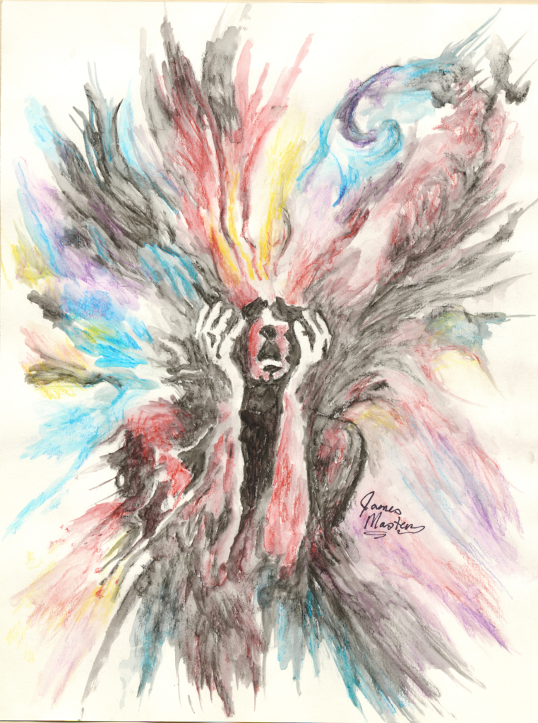 A watercolor painting of a person screaming with waves of color coming from them.