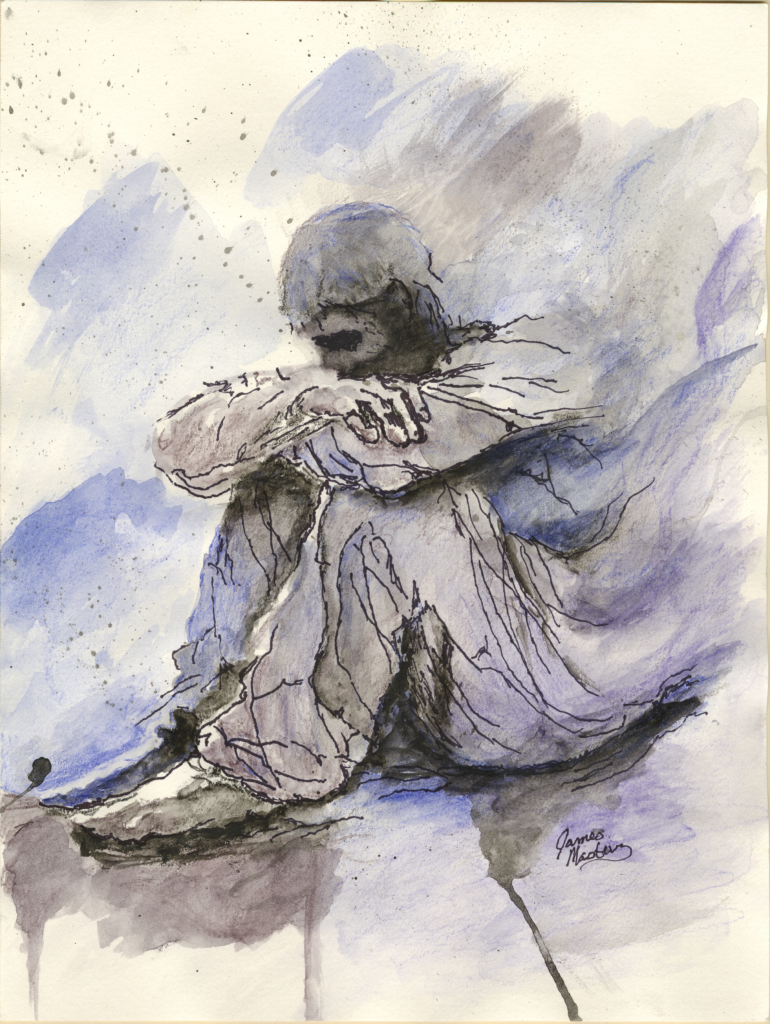 A panting of a person sitting on the floor painted in all blue with arms crossed and balled up and head between the arms. Painting by James Masters.