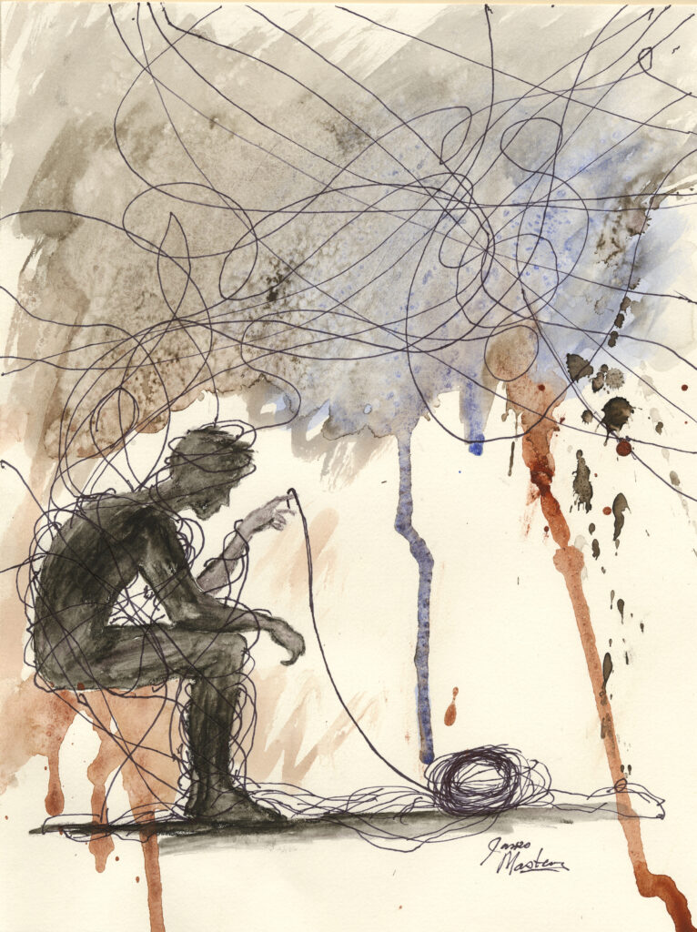 A person playing with a string and becoming all tangled up in the string. Painting by James Masters.