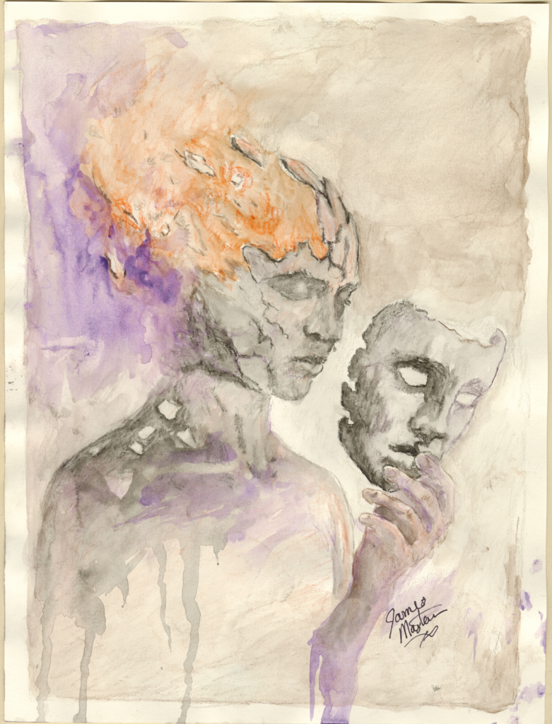 A painting of a person taking off a mask. The face behind the mask is broken like a broken piece of pottery with bright orange and purple light coming from the broken pieces. Painting by James Masters.