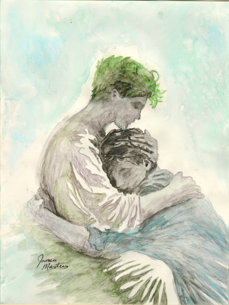 A painting of a person hugging another person. Painting by James Masters.