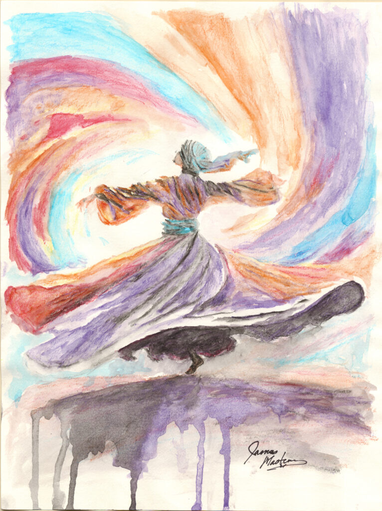 A painting of a woman dancing and twirling with bright colors flying off from her in a swirl.