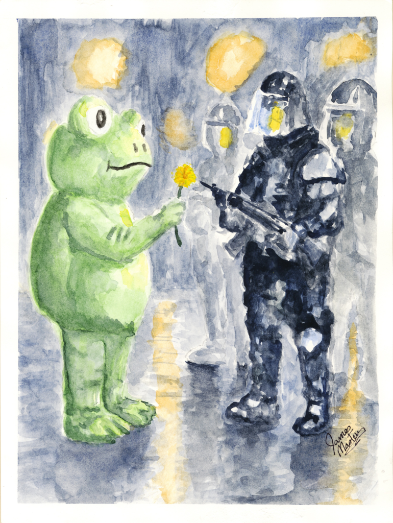 A painting of a person in a frog costume handing a flower to agents in riot gear.