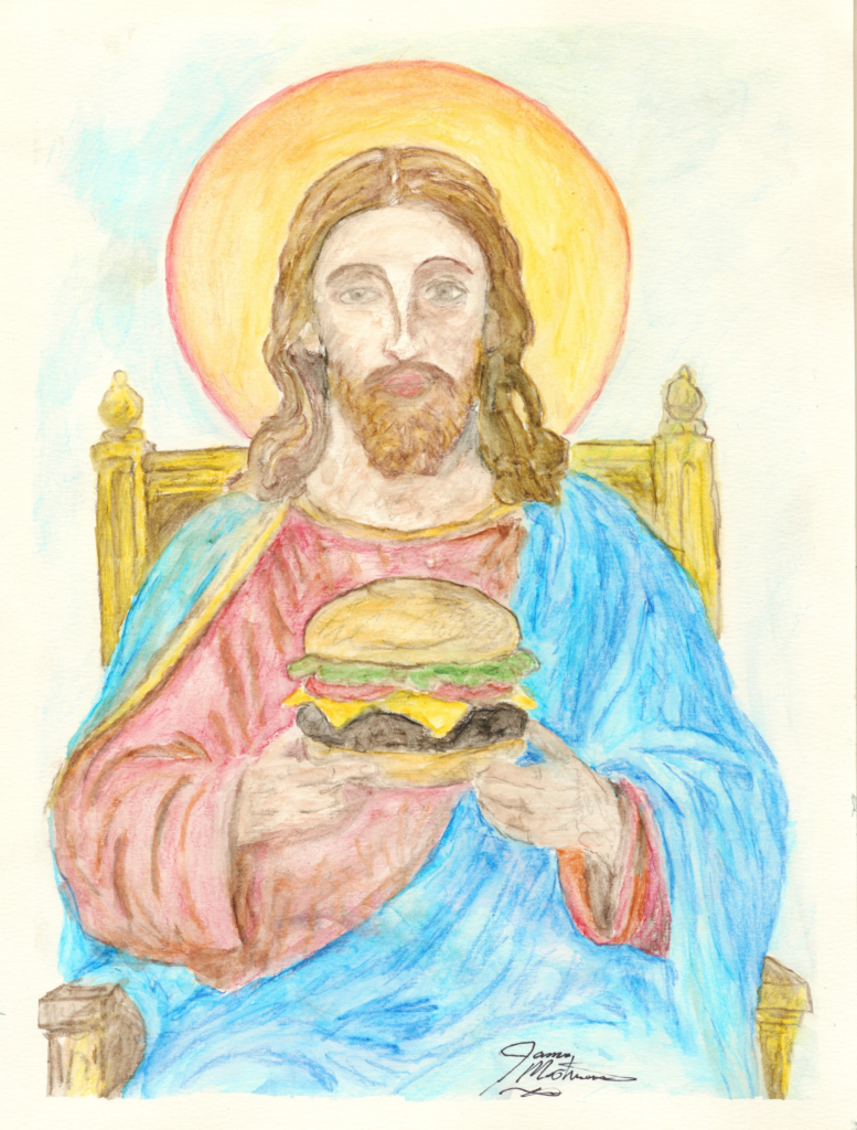 A painting of white Jesus holding a cheeseburger