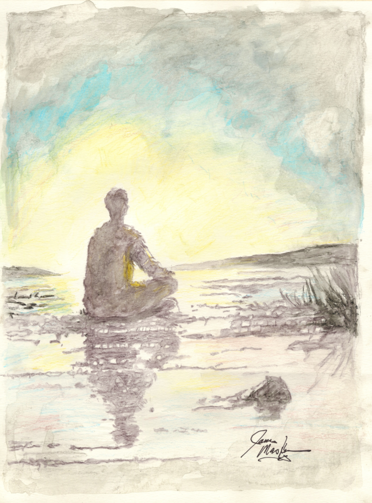 A painting of a person sitting by