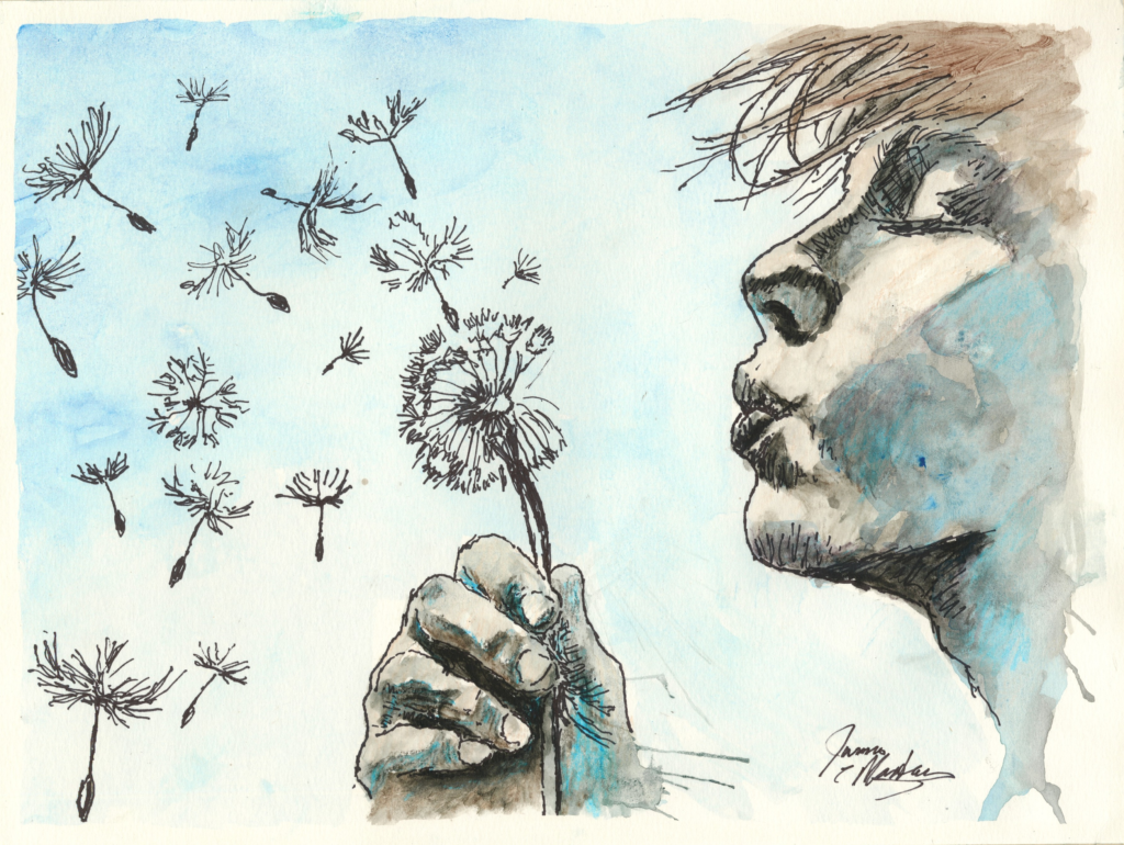 A painting of a person blowing a dandelion.