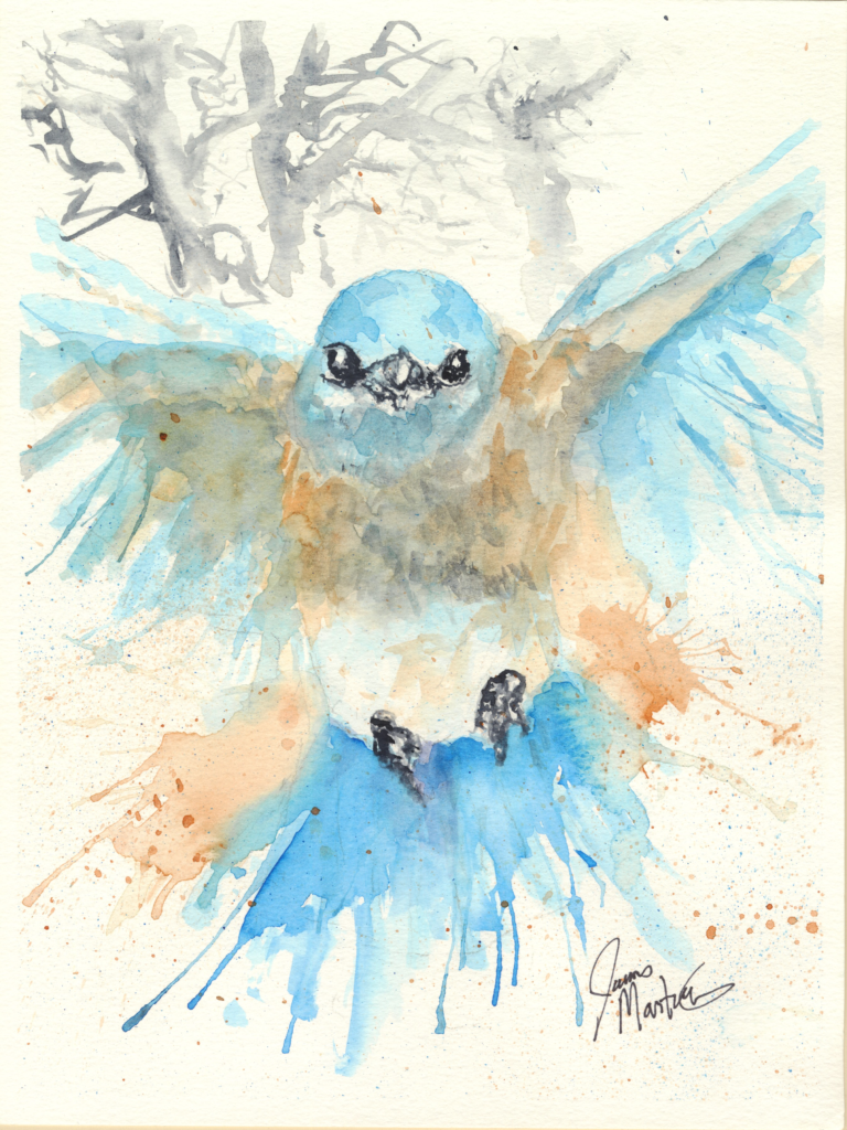 Watercolor painting of an eastern bluebird flying through the air.