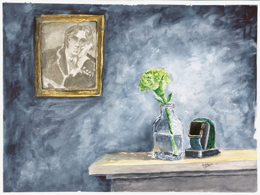 A watercolor piece of a portrait hanging on a wall, with a green carnation in a glass bottle of water and an iPhone sitting on a mantle.