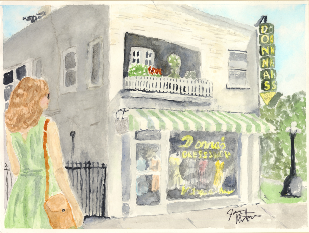 Watercolor painting of Donna's Dress Shop in Kansas City