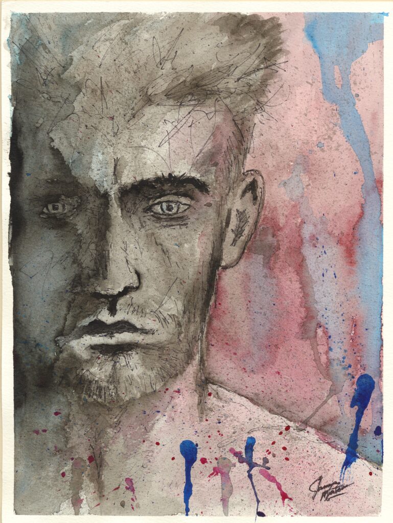 A painted image of a person with pink and blue splashes.