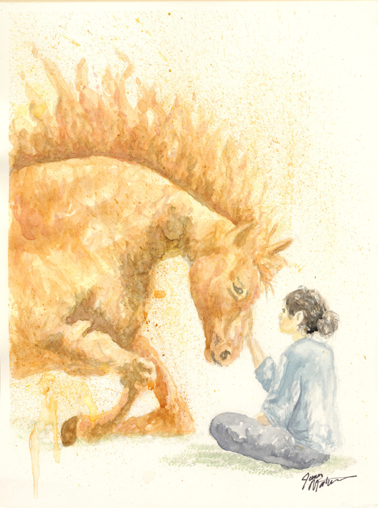 Watercolor image of an orange and yellow horse kneeling down toward a person sitting on the ground. The person sitting on the ground is reaching up touching the horses snout.`