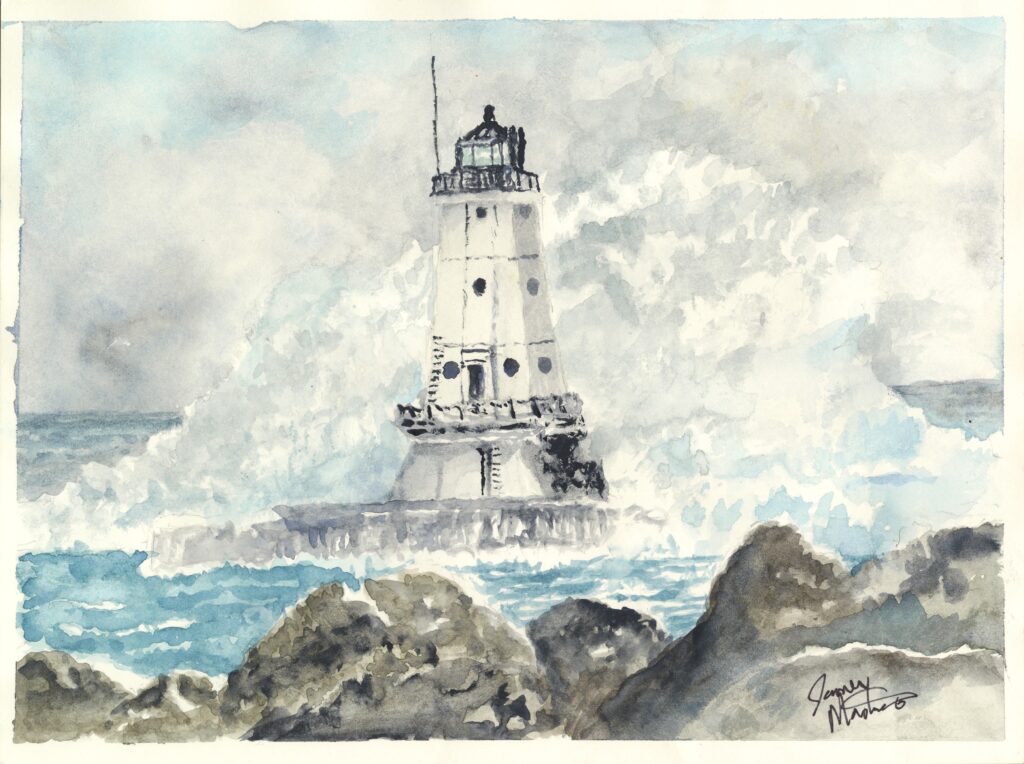 A watercolor painting of a lighthouse.