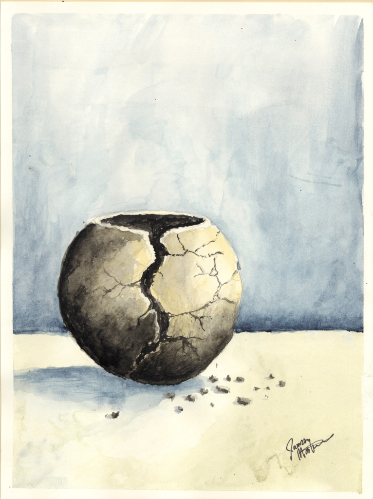 A watercolor painting of a broken clay pot.