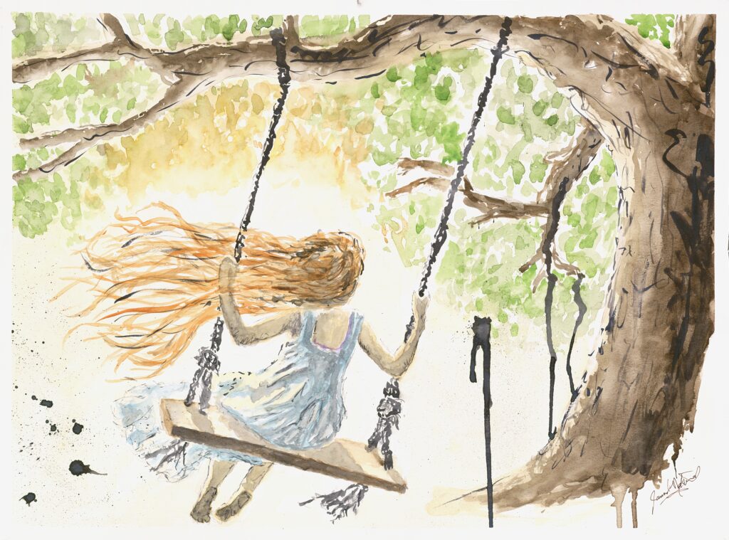 A watercolor painting of a person swinging on a swing from a tree branch.