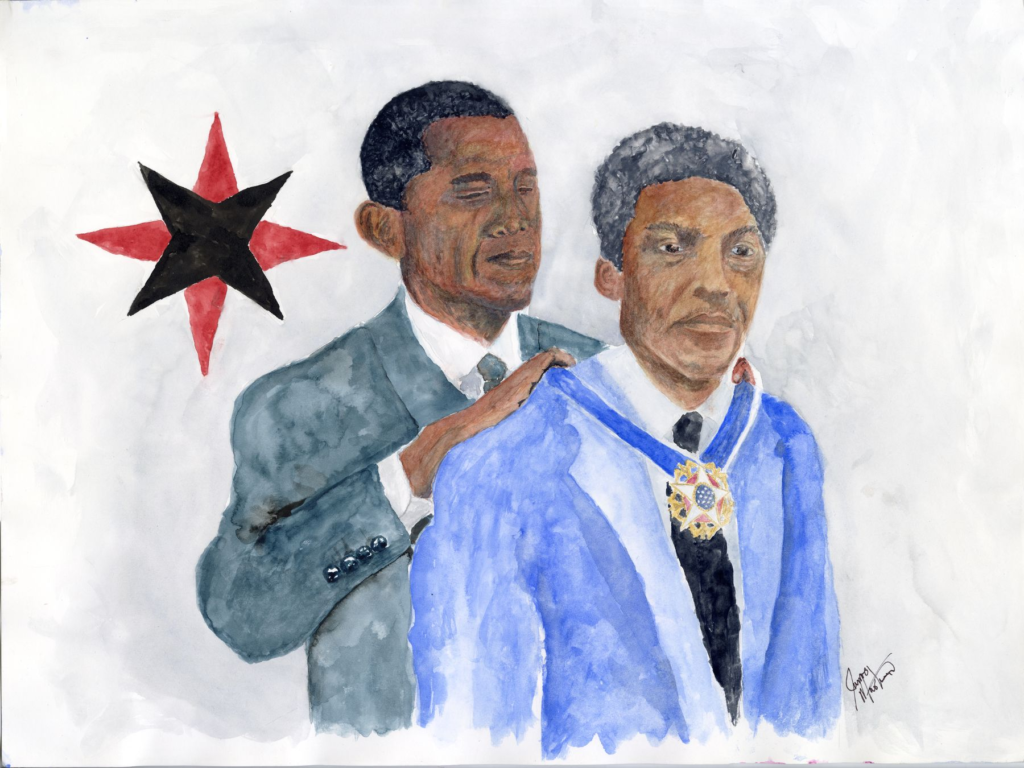 Watercolor painting of President Obama awarding Bayard Rustin the Presidential Medal of Freedom with the Quaker symbol above them.