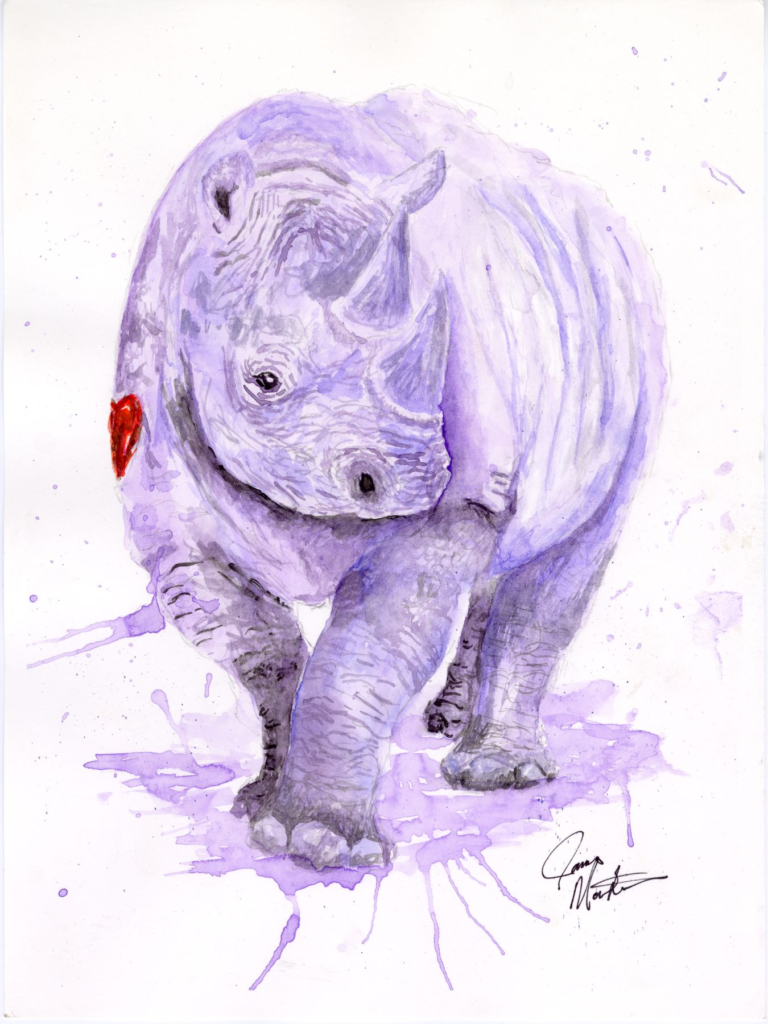 Watercolor painting of a lavender rhino with a red heart
