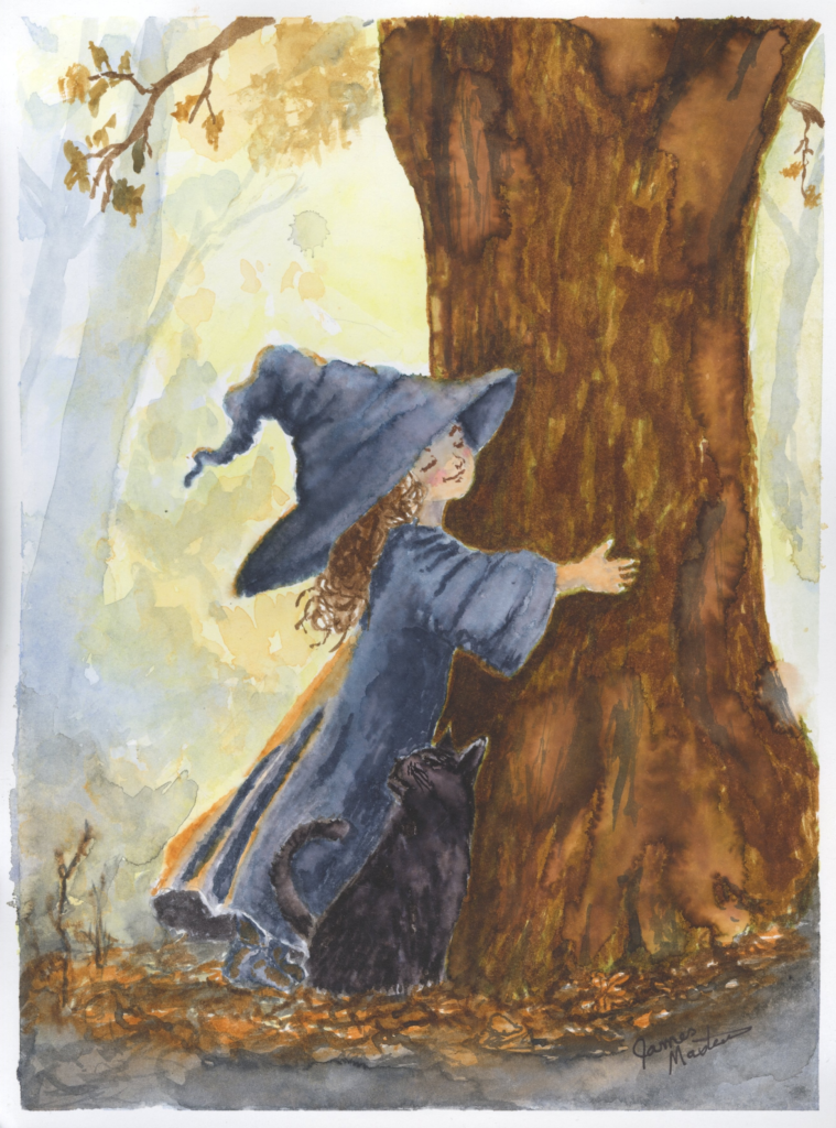 Watercolor painting of a witch in a blue cloak and pointed hat hugging a large tree, with a black cat sitting beside her.