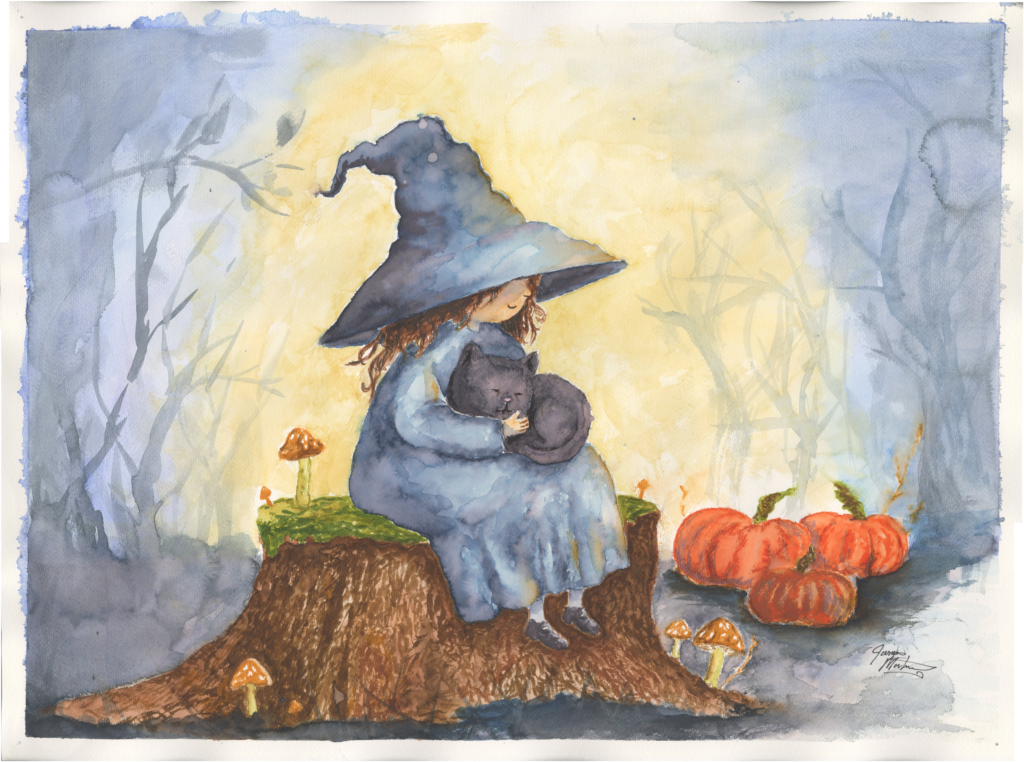 Watercolor painting of a young witch in a blue dress and pointed hat sitting on a tree stump hugging a black cat, with pumpkins and mushrooms nearby.