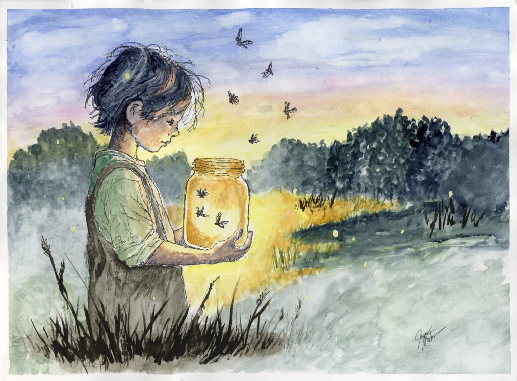 Watercolor painting of a child holding a glowing jar of fireflies at dusk, with fireflies flying around among the trees.